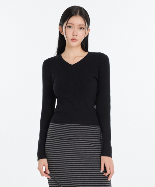 W Basic Ribbed Crop Vneck Knit (3 Colors)