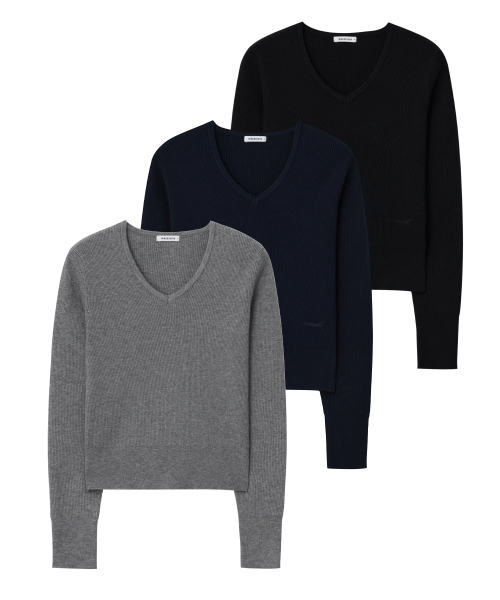 W Basic Ribbed Crop Vneck Knit (3 Colors)
