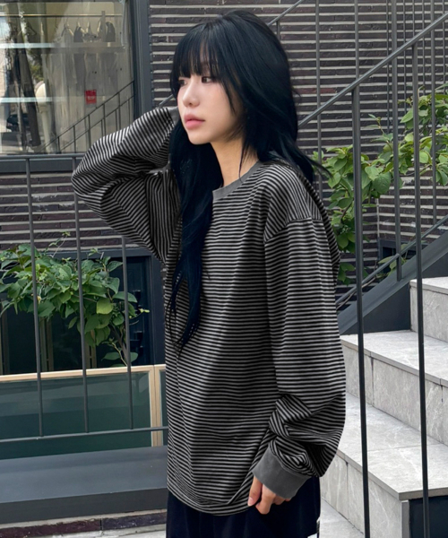 워시드 스트라이프 롱 슬리브[블랙]