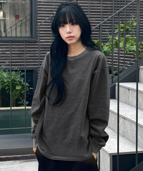워시드 스트라이프 롱 슬리브[블랙]
