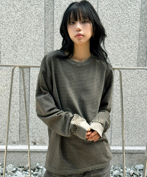 워시드 스트라이프 롱 슬리브[카키]