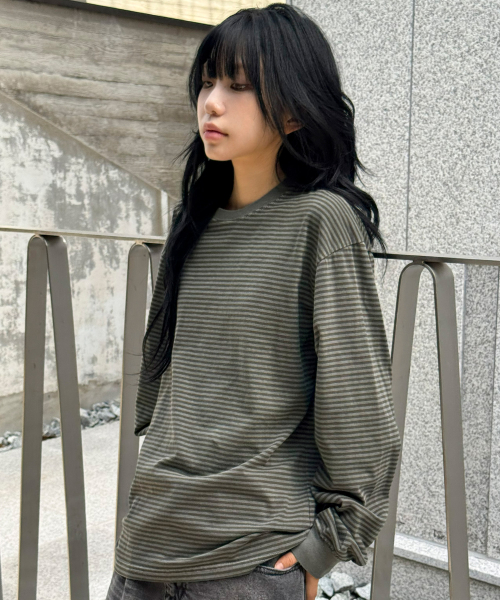 워시드 스트라이프 롱 슬리브[카키]