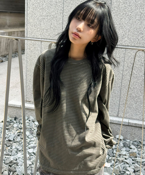 워시드 스트라이프 롱 슬리브[카키]