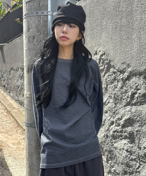 워시드 스트라이프 롱 슬리브[블루]