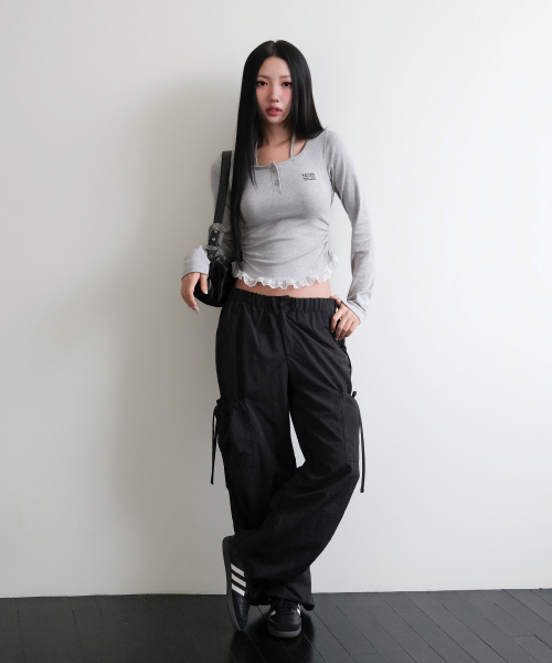 LACE CONTRAST HALTERNECK T-SHIRT [GRAY]