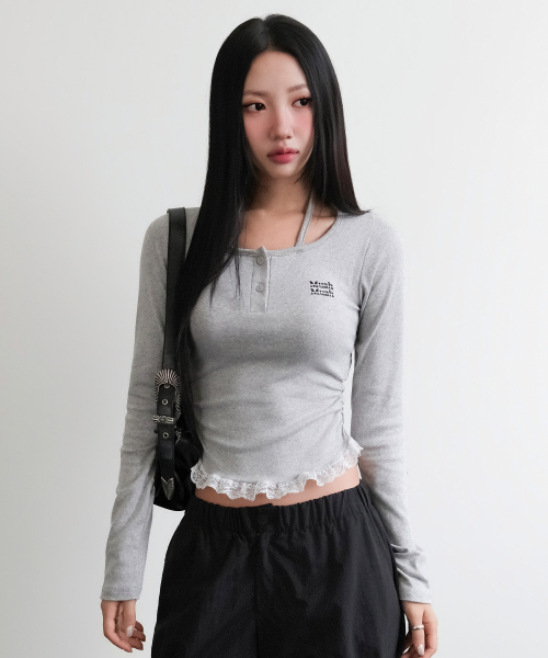 LACE CONTRAST HALTERNECK T-SHIRT [GRAY]