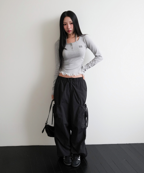 LACE CONTRAST HALTERNECK T-SHIRT [GRAY]