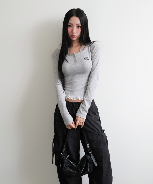 LACE CONTRAST HALTERNECK T-SHIRT [GRAY]