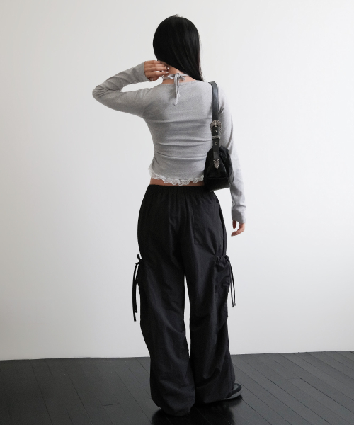 LACE CONTRAST HALTERNECK T-SHIRT [GRAY]