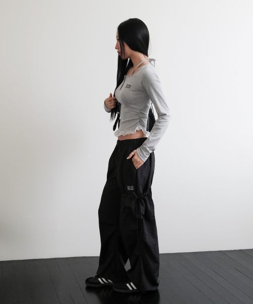 LACE CONTRAST HALTERNECK T-SHIRT [GRAY]
