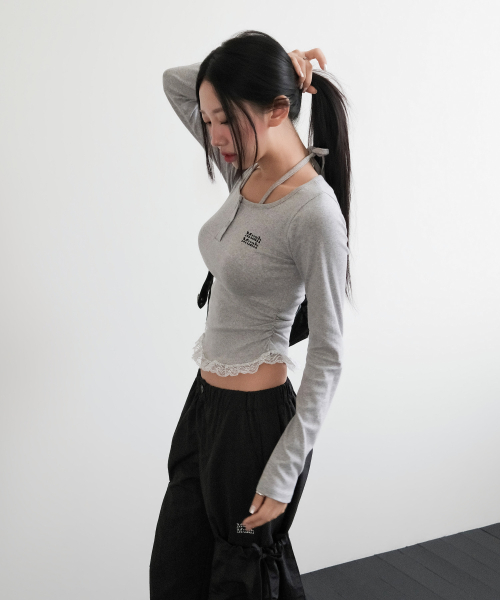 LACE CONTRAST HALTERNECK T-SHIRT [GRAY]