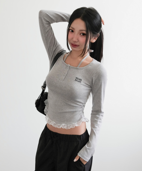 LACE CONTRAST HALTERNECK T-SHIRT [GRAY]