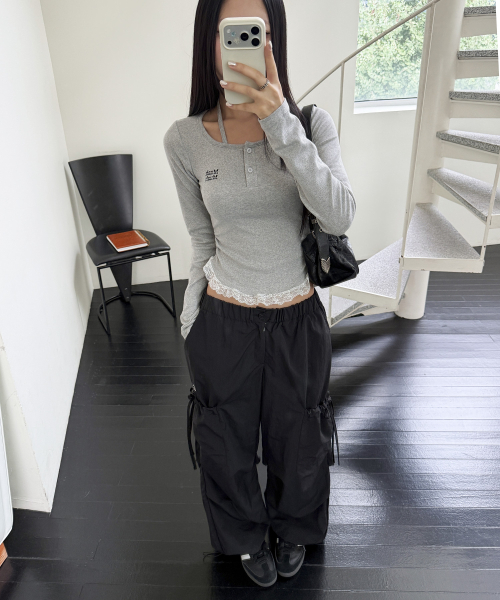 LACE CONTRAST HALTERNECK T-SHIRT [GRAY]