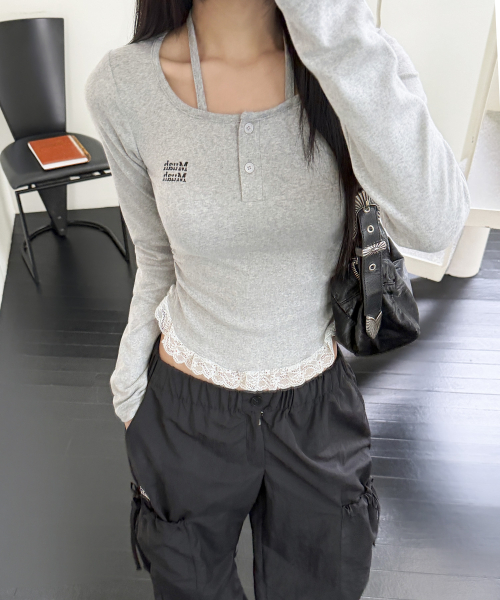 LACE CONTRAST HALTERNECK T-SHIRT [GRAY]