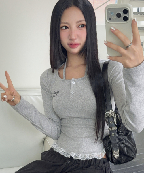 LACE CONTRAST HALTERNECK T-SHIRT [GRAY]