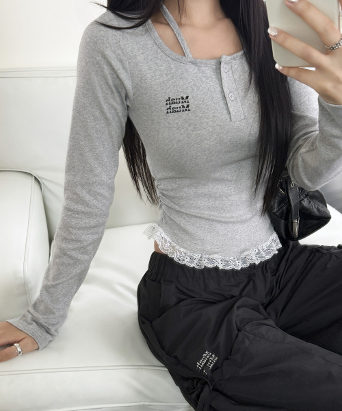 LACE CONTRAST HALTERNECK T-SHIRT [GRAY]