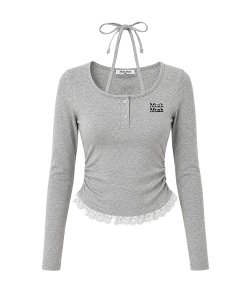 LACE CONTRAST HALTERNECK T-SHIRT [GRAY]