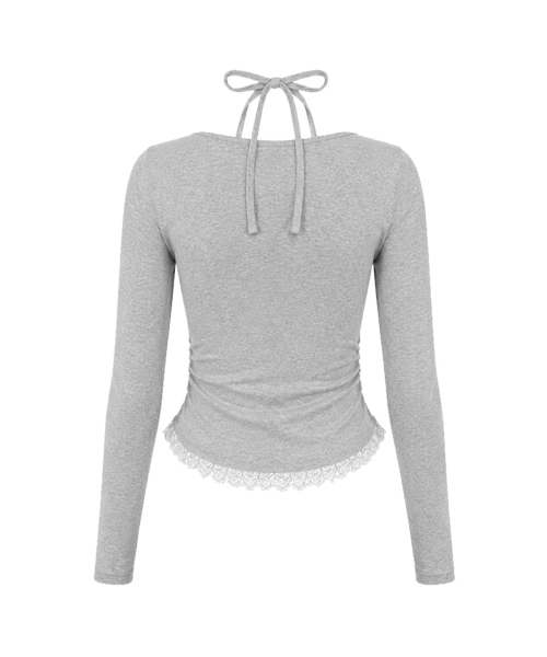 LACE CONTRAST HALTERNECK T-SHIRT [GRAY]