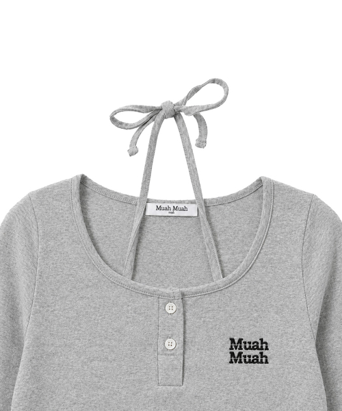 LACE CONTRAST HALTERNECK T-SHIRT [GRAY]
