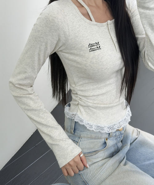 LACE CONTRAST HALTERNECK T-SHIRT [OATMEAL]