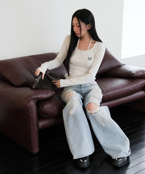 LACE CONTRAST HALTERNECK T-SHIRT [OATMEAL]