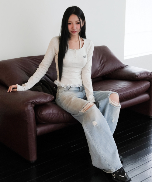 LACE CONTRAST HALTERNECK T-SHIRT [OATMEAL]