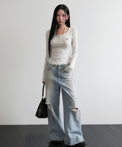 LACE CONTRAST HALTERNECK T-SHIRT [OATMEAL]