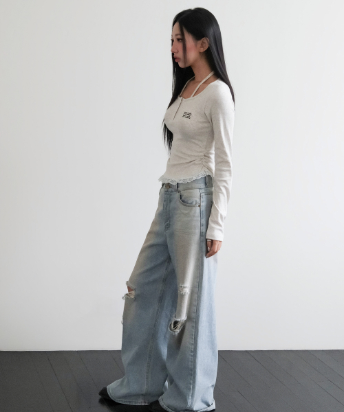 LACE CONTRAST HALTERNECK T-SHIRT [OATMEAL]