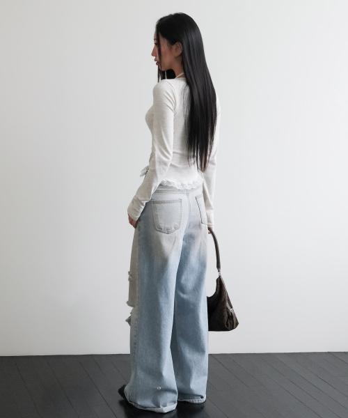 LACE CONTRAST HALTERNECK T-SHIRT [OATMEAL]