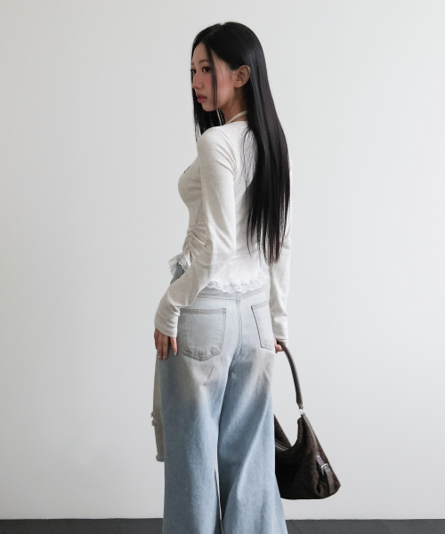 LACE CONTRAST HALTERNECK T-SHIRT [OATMEAL]