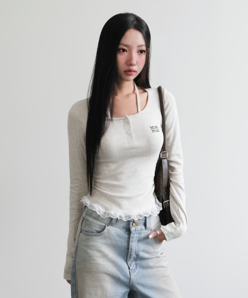 LACE CONTRAST HALTERNECK T-SHIRT [OATMEAL]