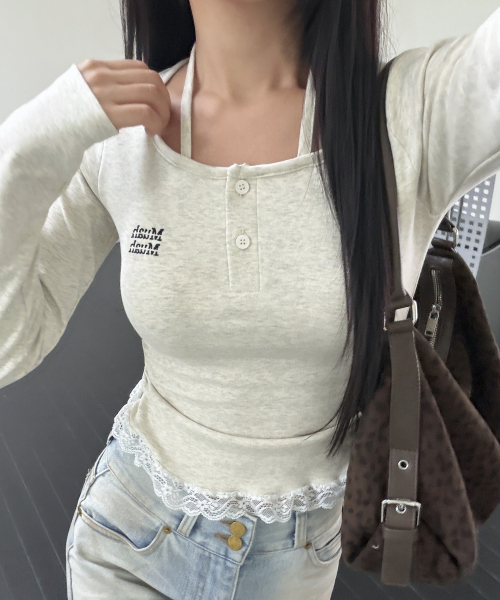 LACE CONTRAST HALTERNECK T-SHIRT [OATMEAL]