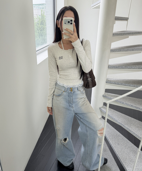 LACE CONTRAST HALTERNECK T-SHIRT [OATMEAL]