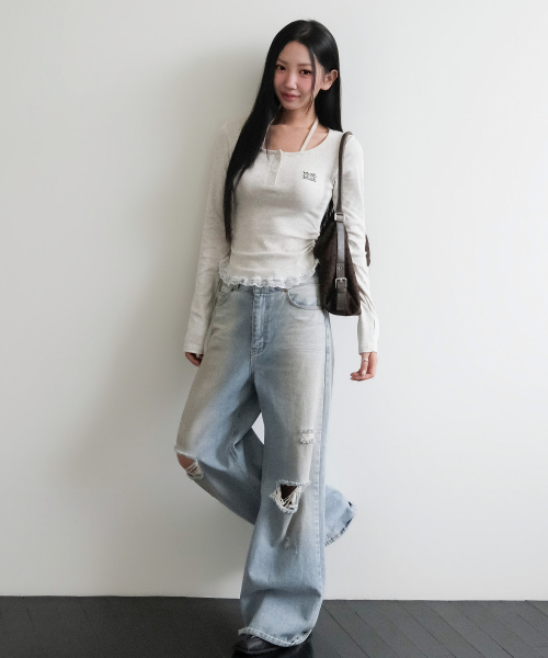 LACE CONTRAST HALTERNECK T-SHIRT [OATMEAL]