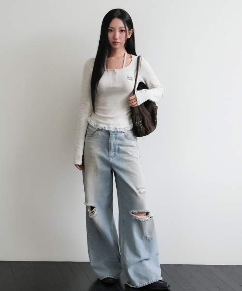 LACE CONTRAST HALTERNECK T-SHIRT [OATMEAL]