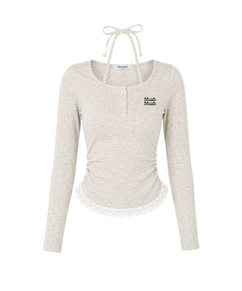 LACE CONTRAST HALTERNECK T-SHIRT [OATMEAL]