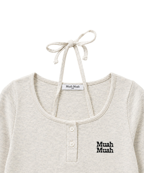 LACE CONTRAST HALTERNECK T-SHIRT [OATMEAL]