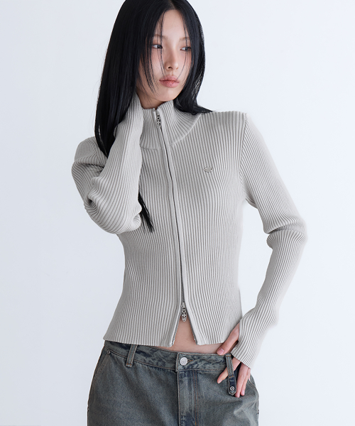 Essential Slim High Neck Knit Zip-Up, GREIGE