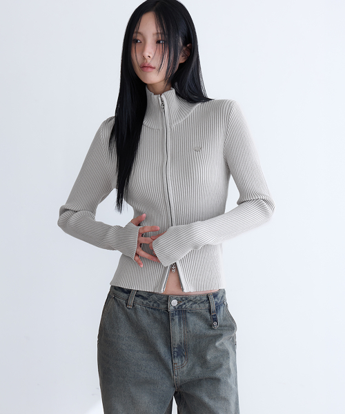 Essential Slim High Neck Knit Zip-Up, GREIGE