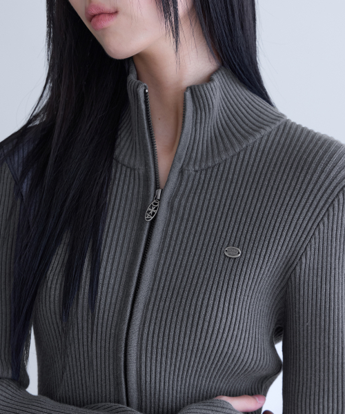 Essential Slim High Neck Knit Zip-Up, CHARCOAL