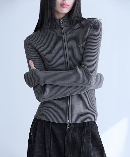 Essential Slim High Neck Knit Zip-Up, CHARCOAL