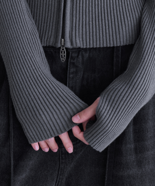 Essential Slim High Neck Knit Zip-Up, CHARCOAL