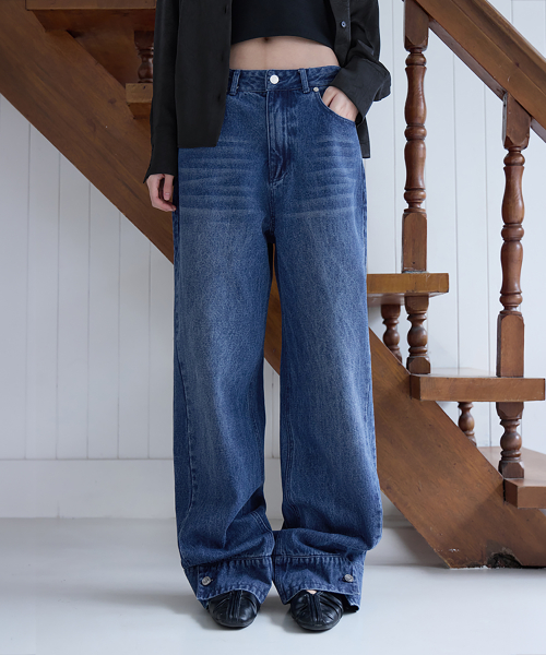 Cuff Relaxed Straight Jeans, BLUE