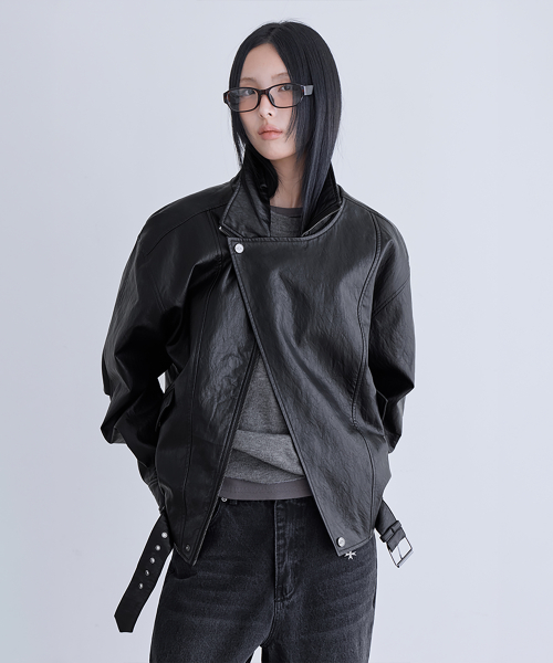 Belted Oversized Leather Jacket, BLACK