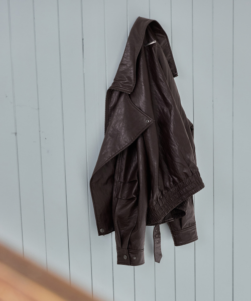 Belted Oversized Leather Jacket, BROWN
