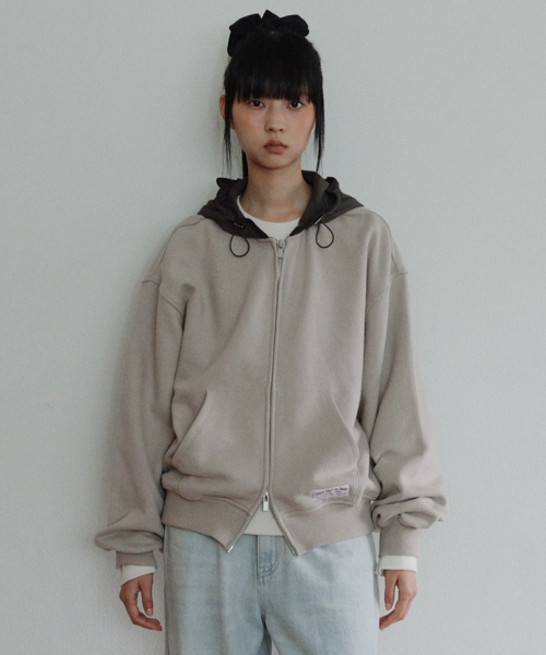 [CORE] OVERSIZED TWO-TONE ZIP-UP HOODIE - BEIGE