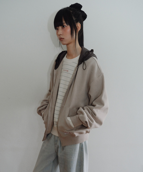 [CORE] OVERSIZED TWO-TONE ZIP-UP HOODIE - BEIGE