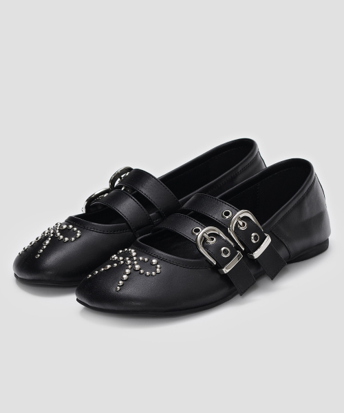 Ribbon Rivet Buckle Flats [Black]