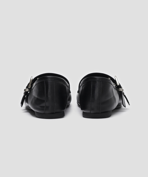 Ribbon Rivet Buckle Flats [Black]