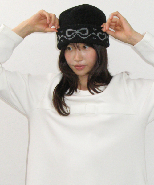 RIBBON JACQUARD BEANIE BLACK